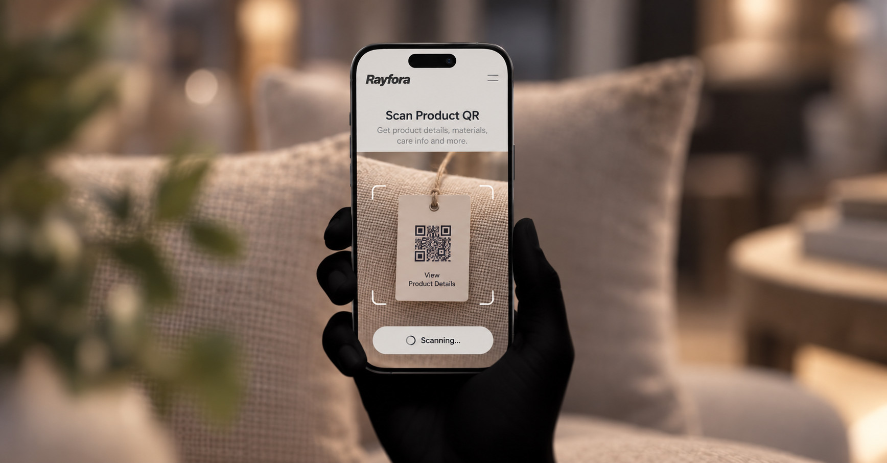 Scanning a product tag with the Rayfora app while walking a showroom