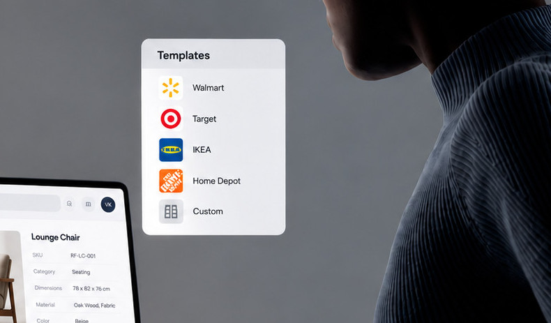 A template picker listing Walmart, Target, IKEA, Home Depot and a custom option