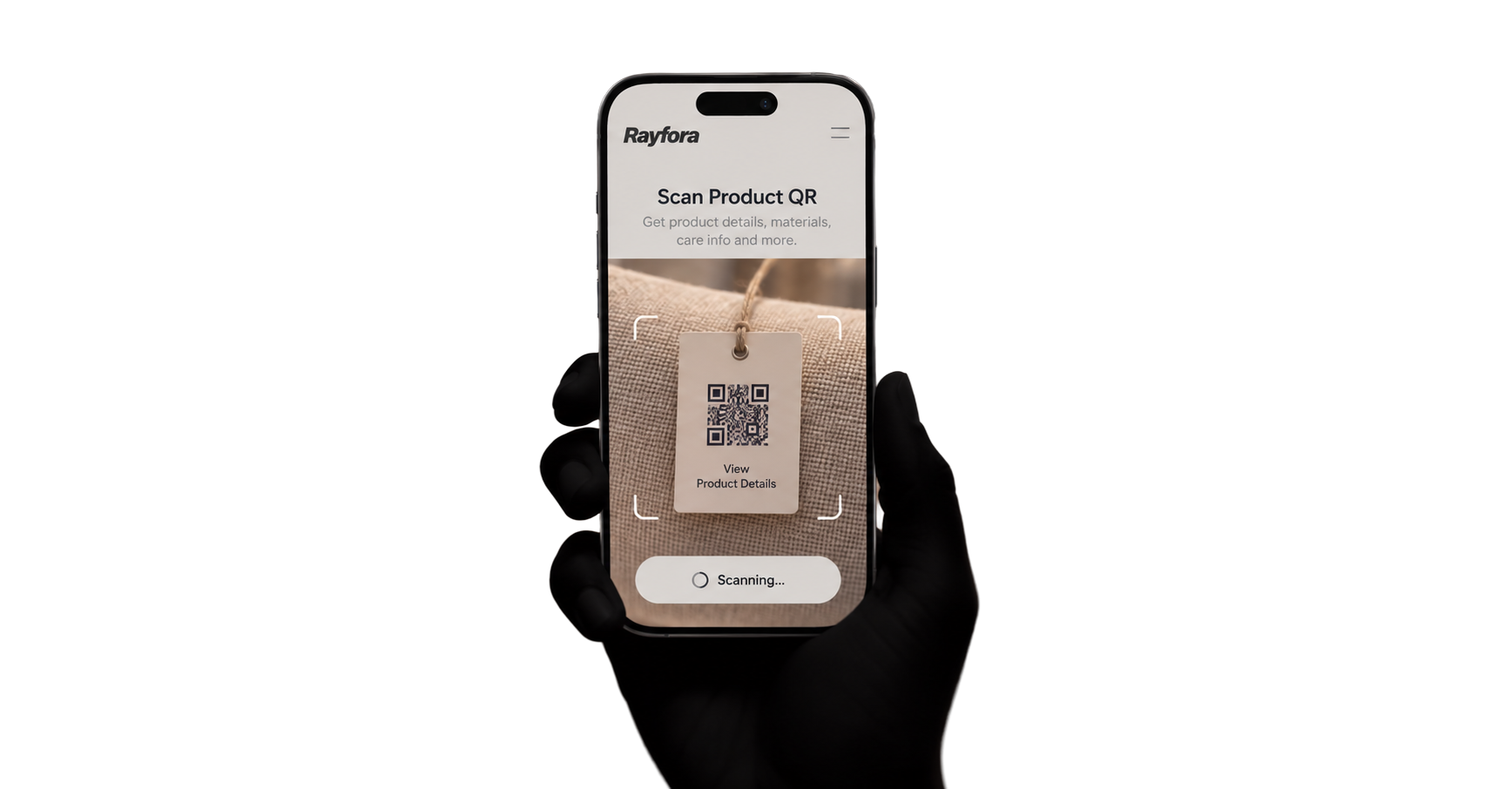 A hand holding a phone running the Rayfora product scanner