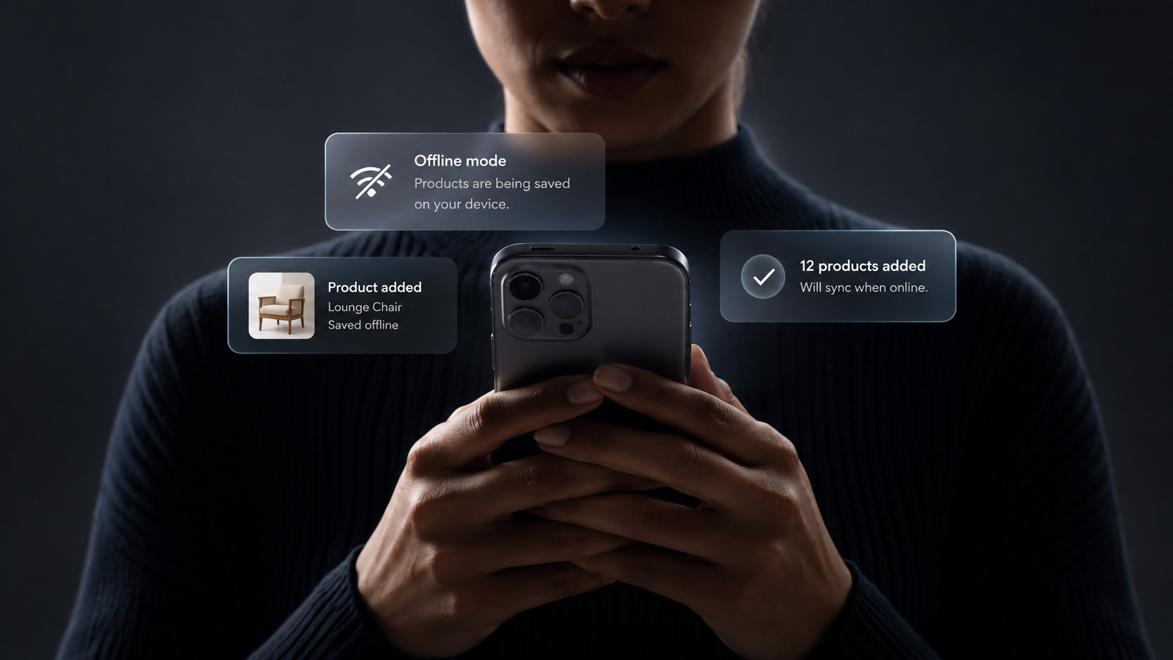 Someone scanning products on a phone while offline — offline mode, products saved to the device, and twelve products queued to sync