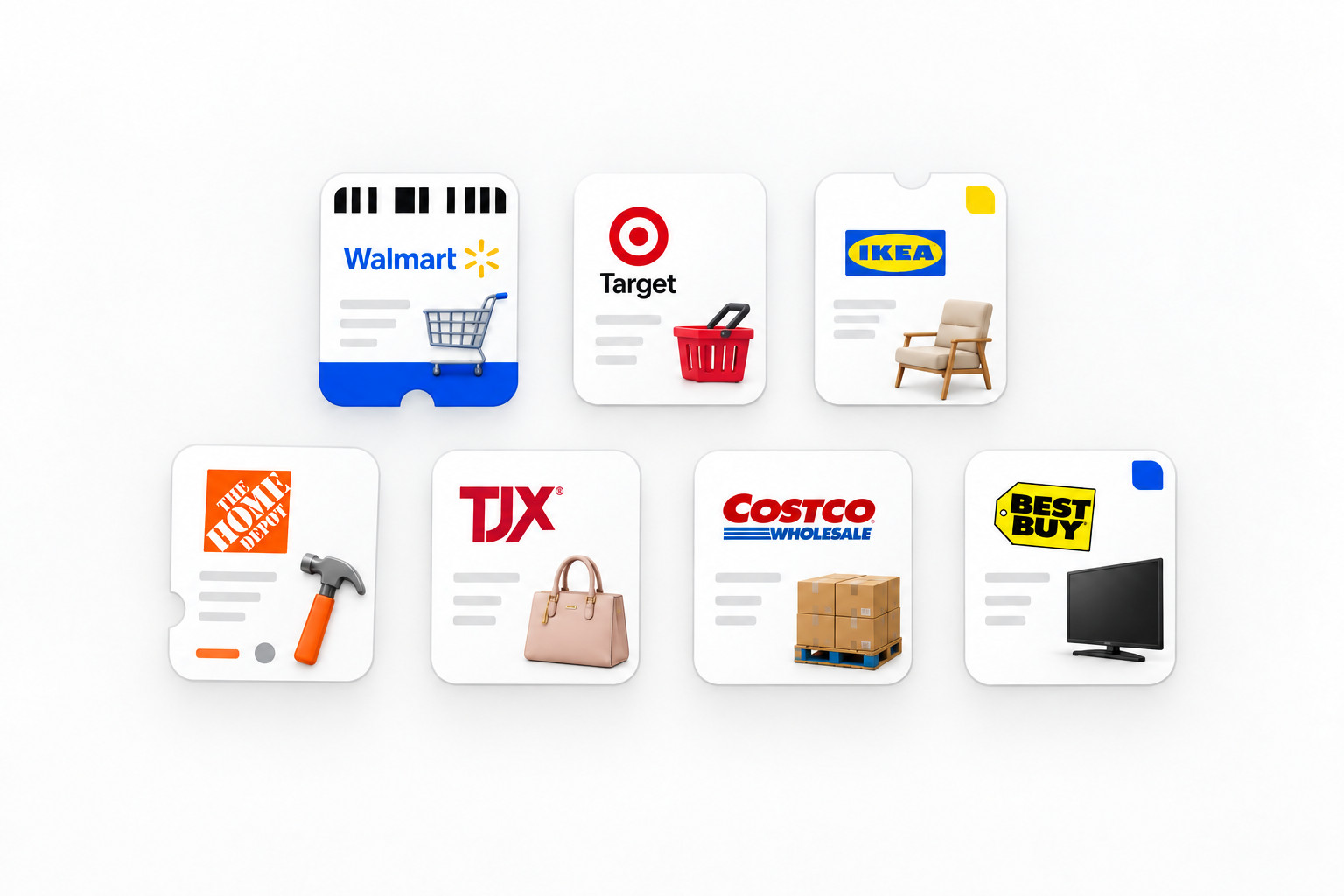 Product sheets laid out in Walmart, Target, IKEA, Home Depot, TJX, Costco and Best Buy formats